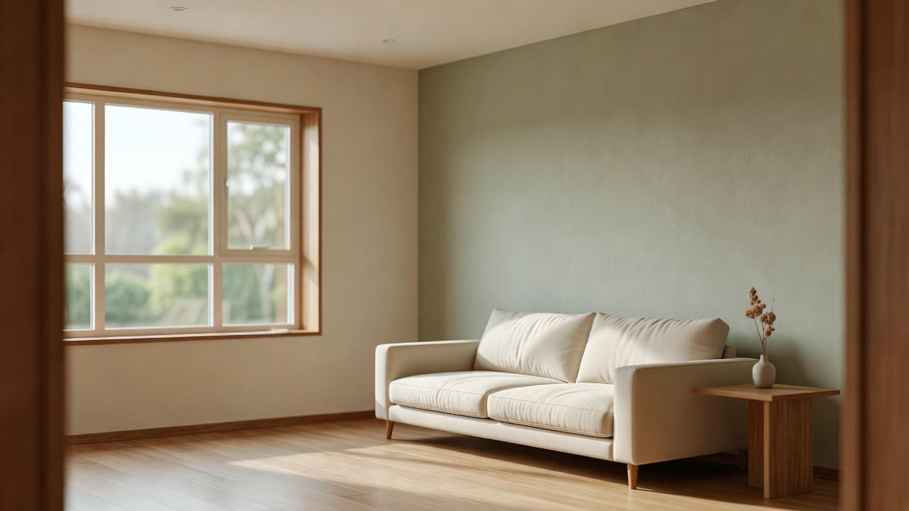 A smartphone held up in a real living room, the screen showing an AI interior design redesign of that same room