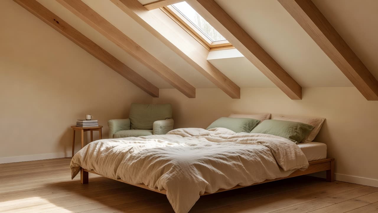 A warm, magazine-quality attic room with a sloped ceiling, redesigned in a calm Scandinavian style with natural light