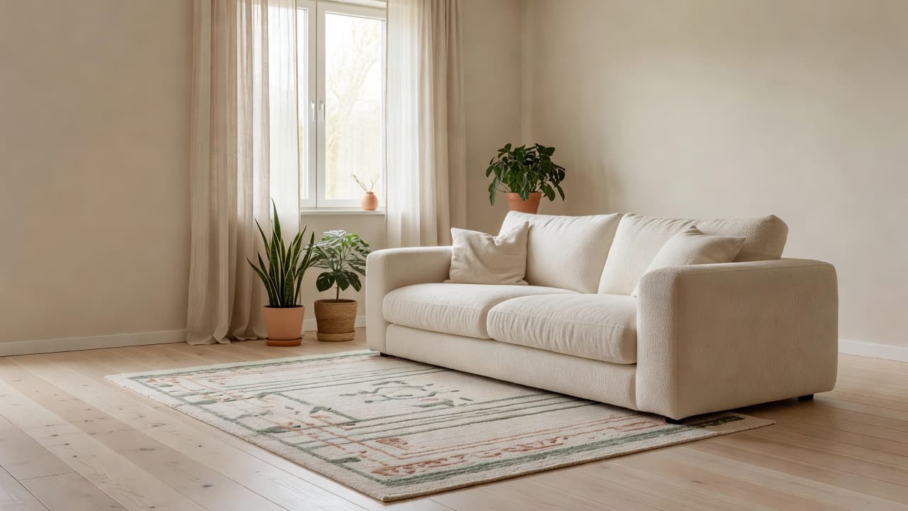 AI room design redesign of a living room in a Scandinavian style, shown on a phone in front of the real room