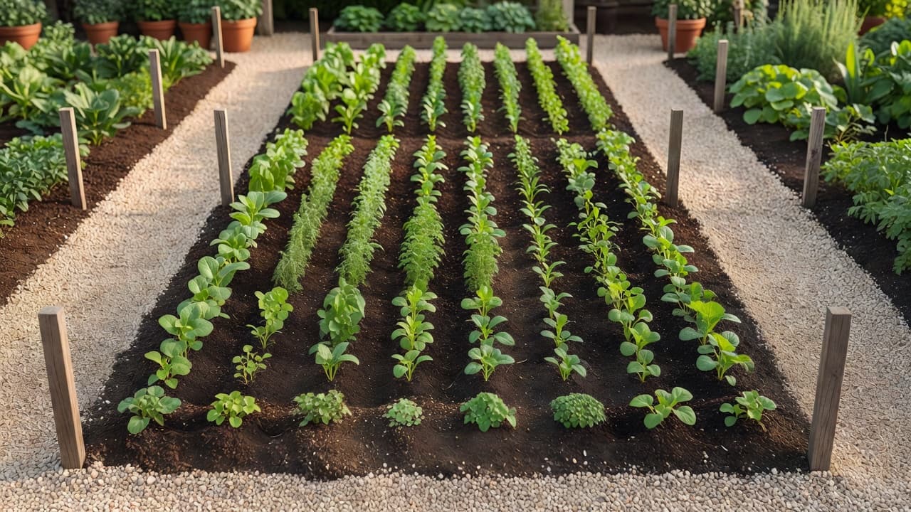 An overhead view of a cutting garden layout with straight north-to-south rows, narrow access paths and young seedlings staggered by height