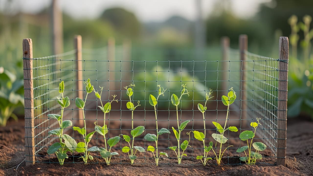 Young cutting garden plants growing up through a horizontal grid of pea netting stretched between corner stakes, a support technique used before flowering begins