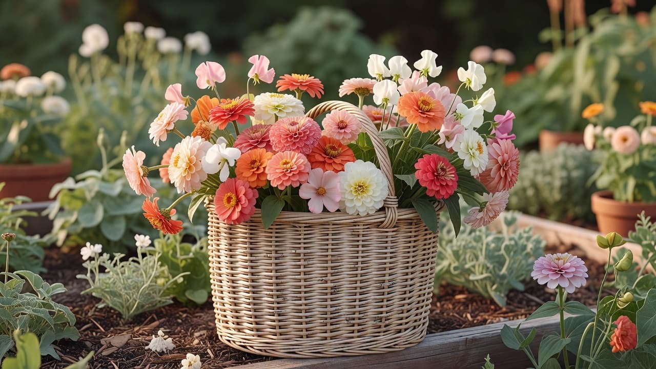 A trug of freshly cut zinnias, dahlias, cosmos and sweet peas gathered from a home cutting garden, showing the range of flowers a well-designed cutting garden can produce