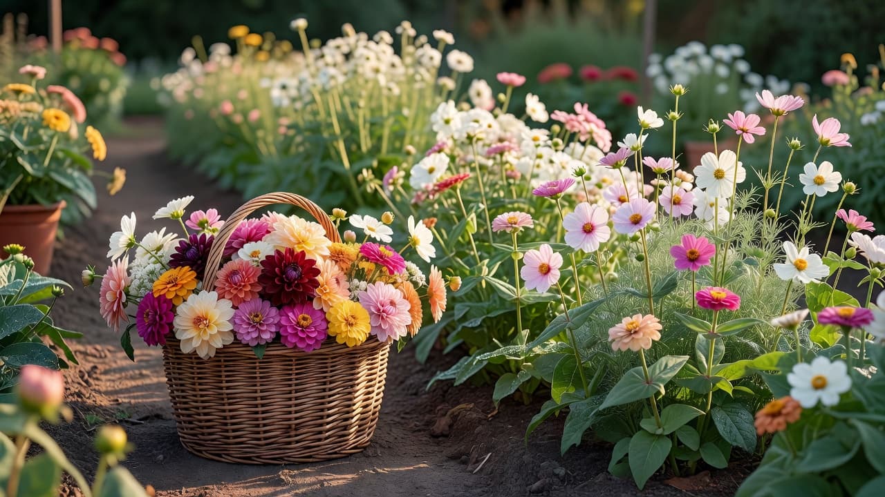A wicker harvest basket overflowing with home-grown cut flowers beside a productive cutting garden in golden evening light