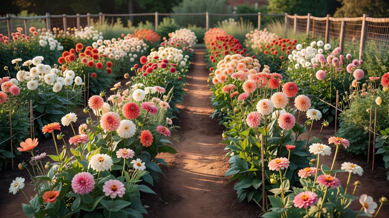 A cutting garden designed in straight rows with dahlias, zinnias and cosmos in full bloom, showing how to design a cutting garden for armfuls of cut flowers all summer