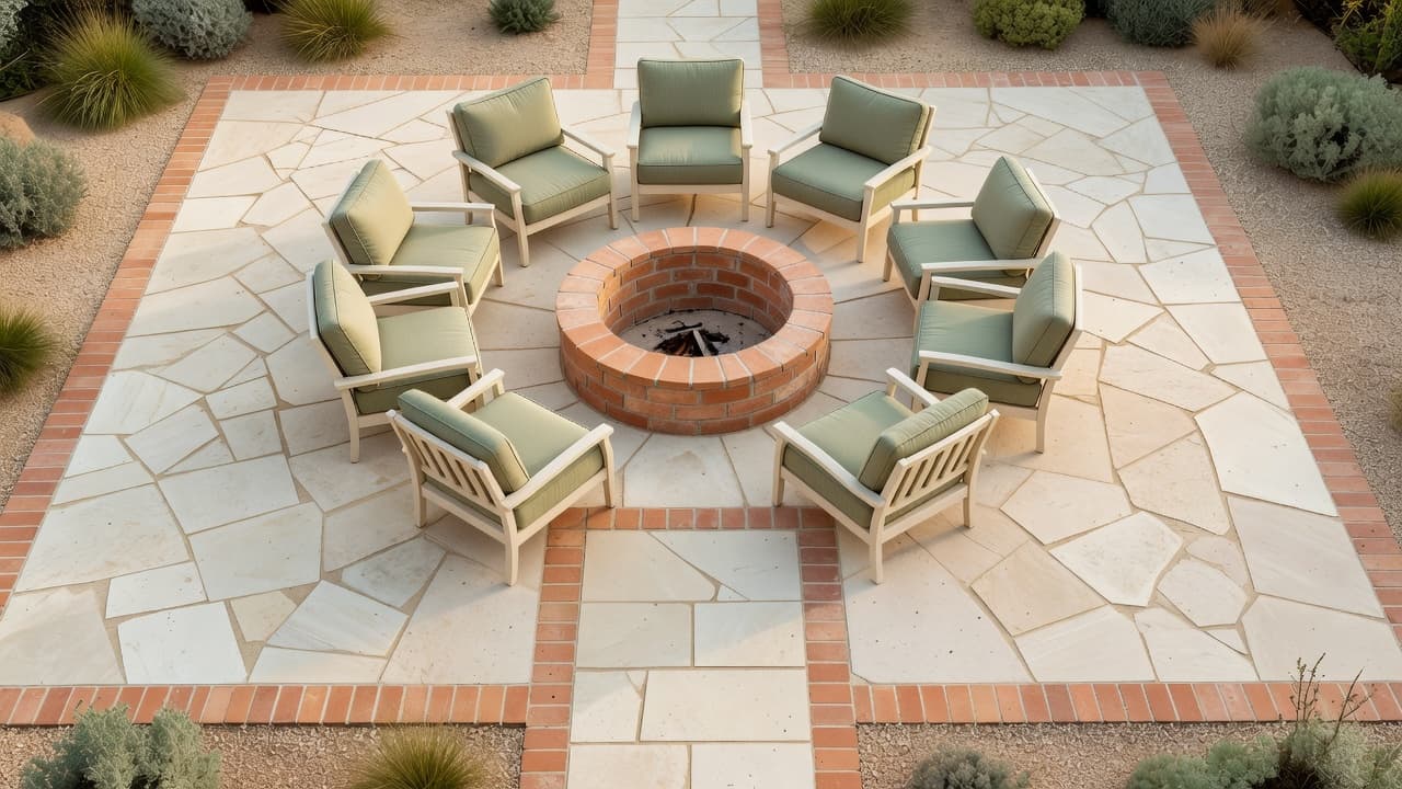 An overhead layout plan of a fire pit area showing the fire pit, a ring of seating, walk-behind clearance and a paved surround, illustrating how to size a fire pit area