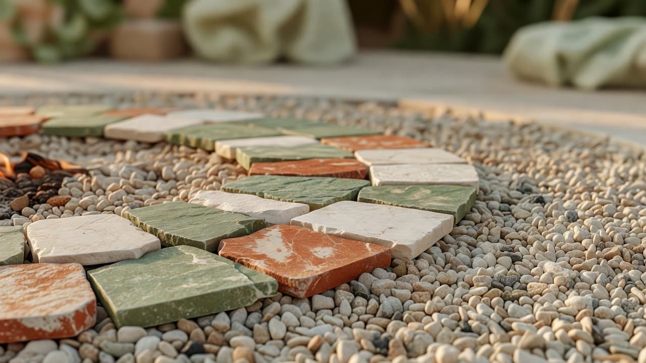 Close-up of a paver and gravel surround around a fire pit, showing fire-safe non-combustible materials used in fire pit area design
