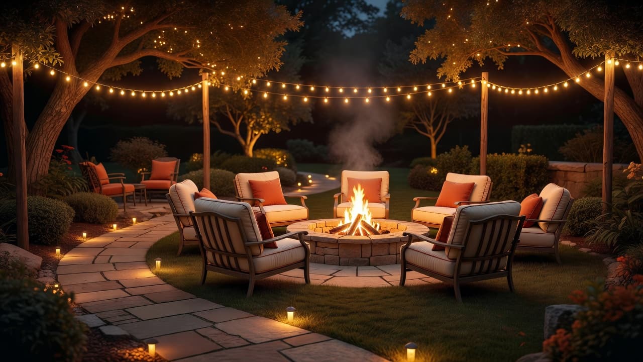 A fire pit seating area lit with warm string lights and low path lighting at night, illustrating lighting design for a fire pit area
