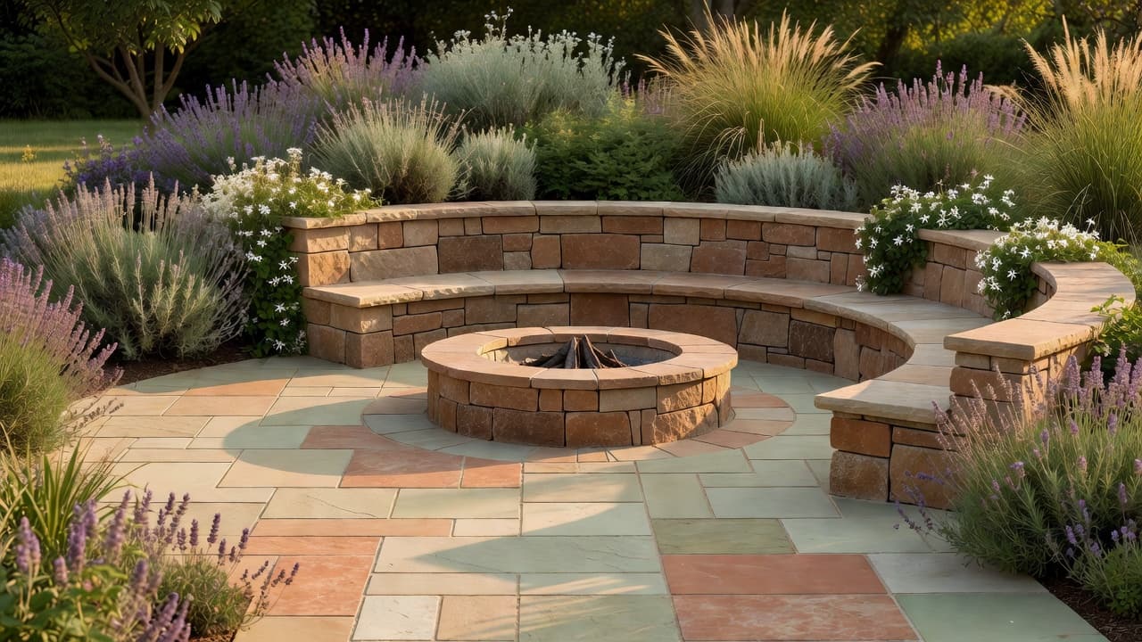 A finished backyard fire pit area with paver patio, built-in stone seating and warm evening lighting, showing the result of a well-planned fire pit design