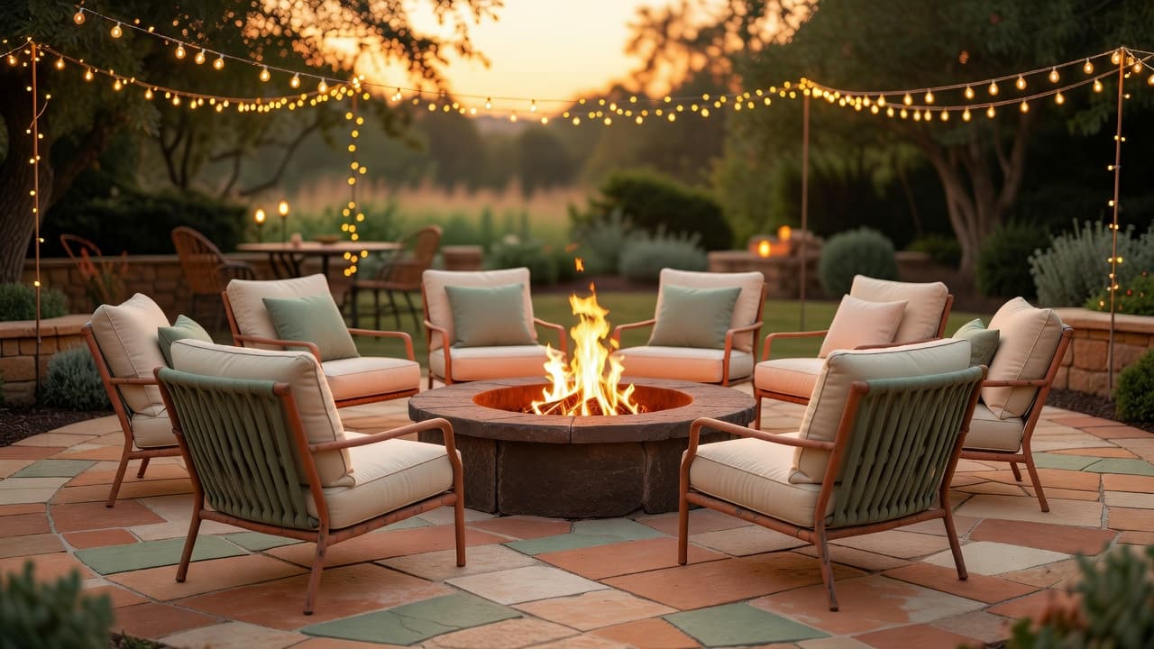 A backyard fire pit area at dusk with a circle of seating, warm string lighting and a paver surround, showing how to design a fire pit area for evening use