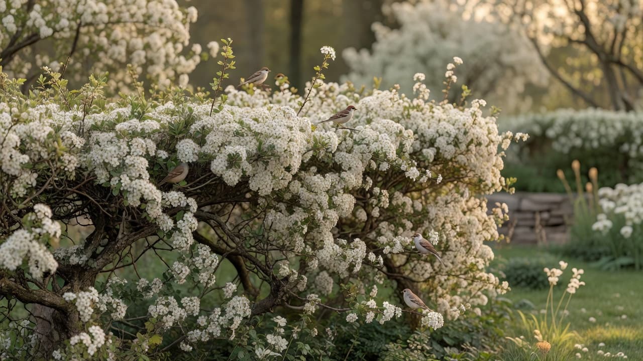 Una siepe di biancospino autoctono in fiore che forma il confine di un giardino per la fauna, con uccelli che si nutrono tra i rami