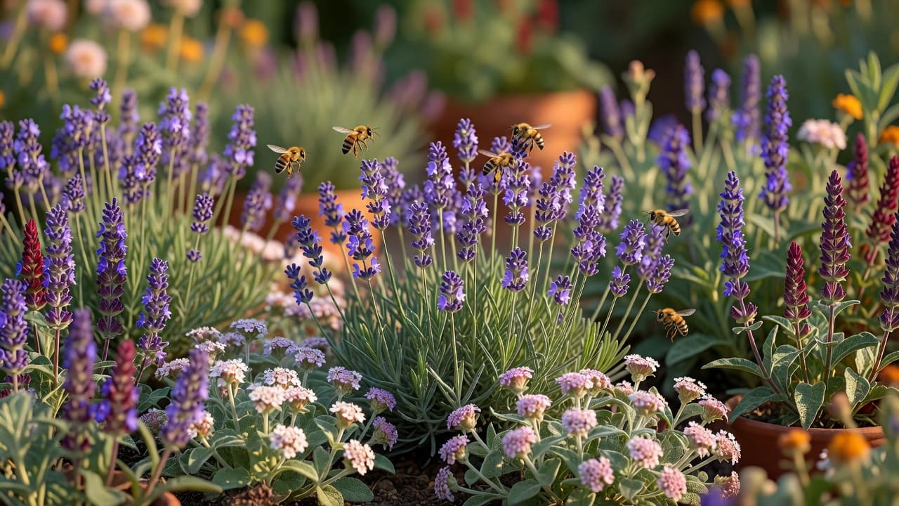 Un’aiuola mellifera mista di lavanda, salvia e origano a fiore semplice con api al lavoro, in un giardino per la fauna