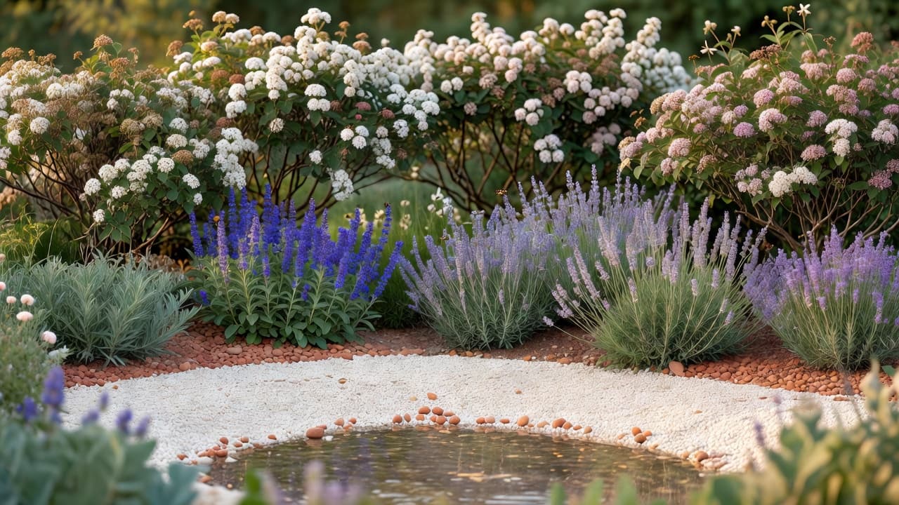 A wildlife garden design with a native flowering hedge, a mixed pollinator border and a small pond with a shallow gravel edge