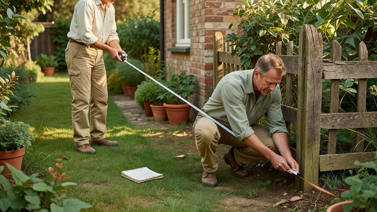 Zwei Personen triangulieren mit einem Maßband eine Gartengrenze für eine präzise Gartenplan-Zeichnung