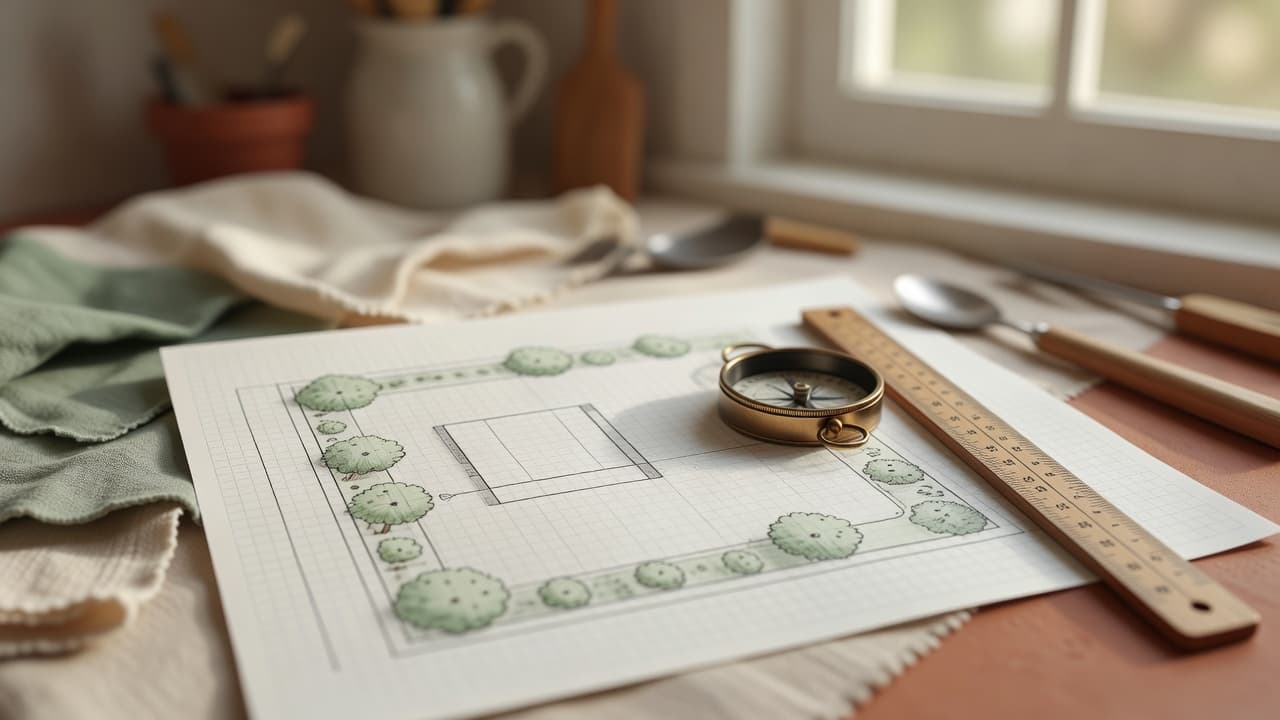 Ein fertiger Gartenplan-Grundriss auf Millimeterpapier im Maßstab 1:50 mit Hausumriss, Grenze und vorhandenen Bäumen