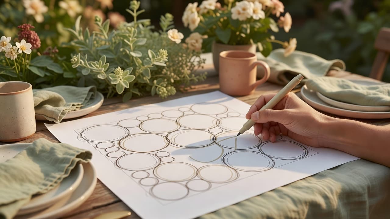 Ein mit Marker über einen Grundriss gezeichnetes Zonendiagramm einer Gartenplan-Zeichnung mit groben Zonen für Essbereich, Rasen und Bepflanzung