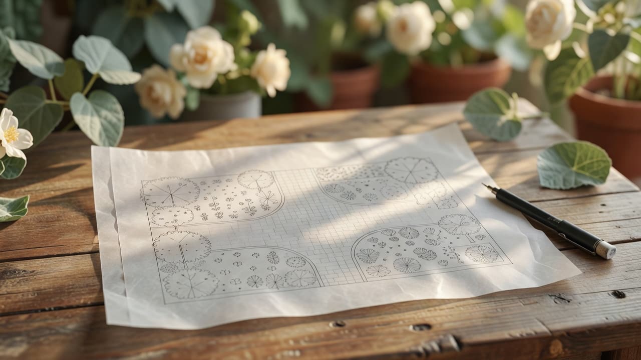 Transparentpapier über einem Gartenplan-Grundriss mit Symbolen für Bäume, Beläge und Pflanzbeete