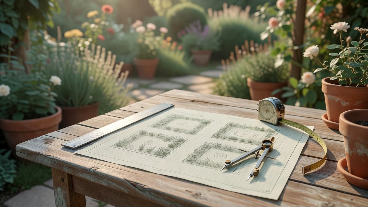 A garden design drawing on graph paper with a scale ruler, compass and tape measure laid out on an outdoor table