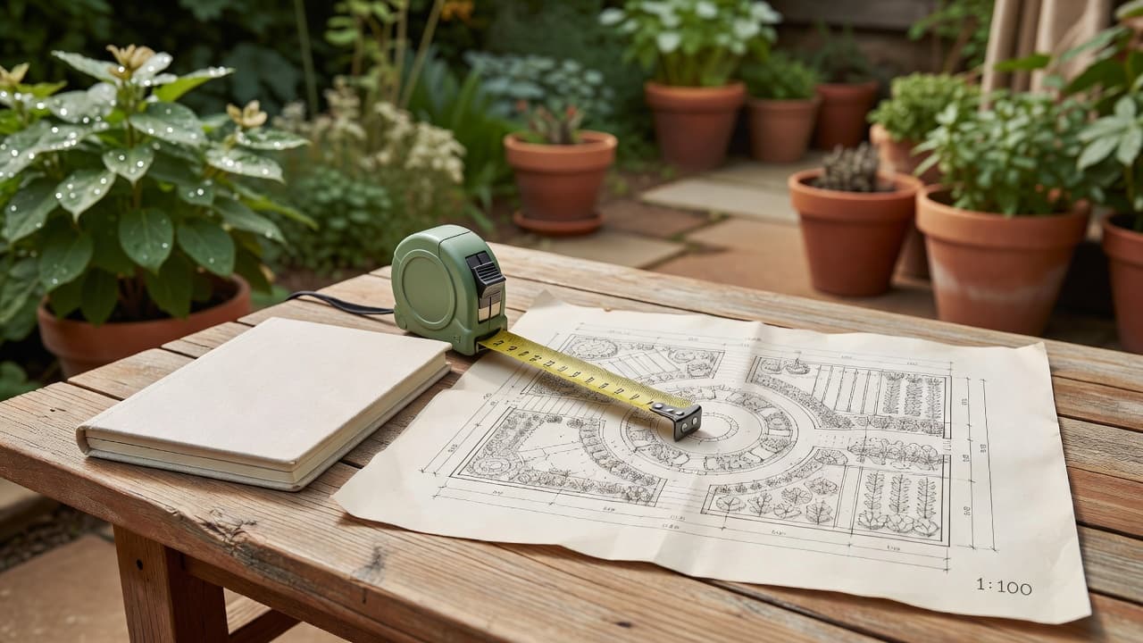 A tape measure, notebook and hand-drawn 1:100 scale garden plan laid out on an outdoor table during a garden redesign