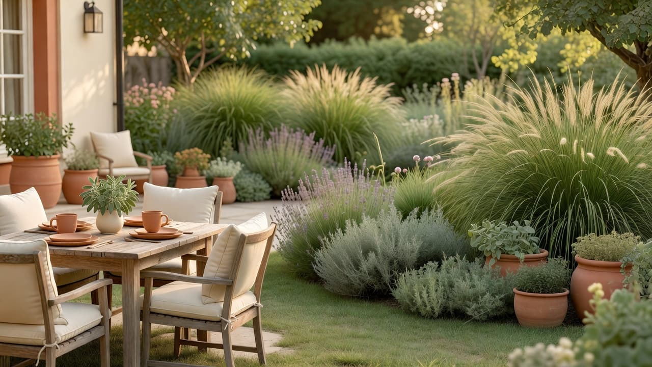 A garden divided into a dining zone near the house and a planted transition zone further out, showing how zoning shapes a garden redesign budget
