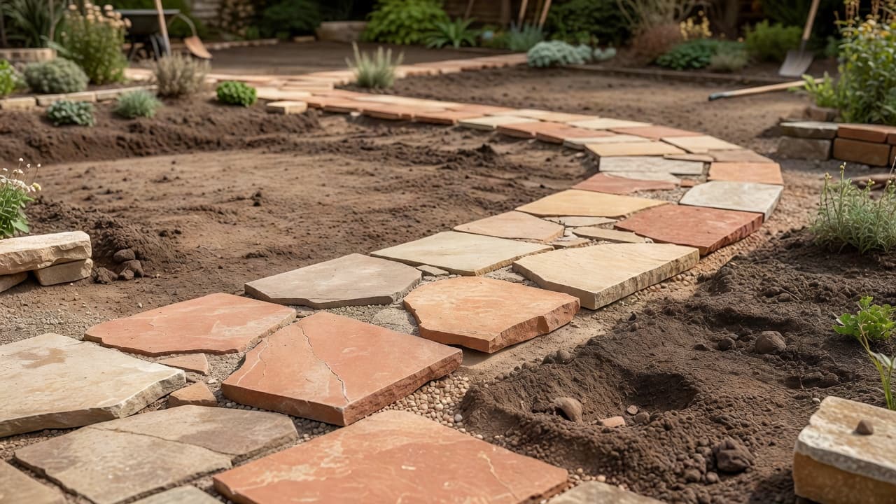 A patio and pathway being laid as hard landscaping, with the surrounding planting beds still bare soil, showing the correct order of works for a garden redesign