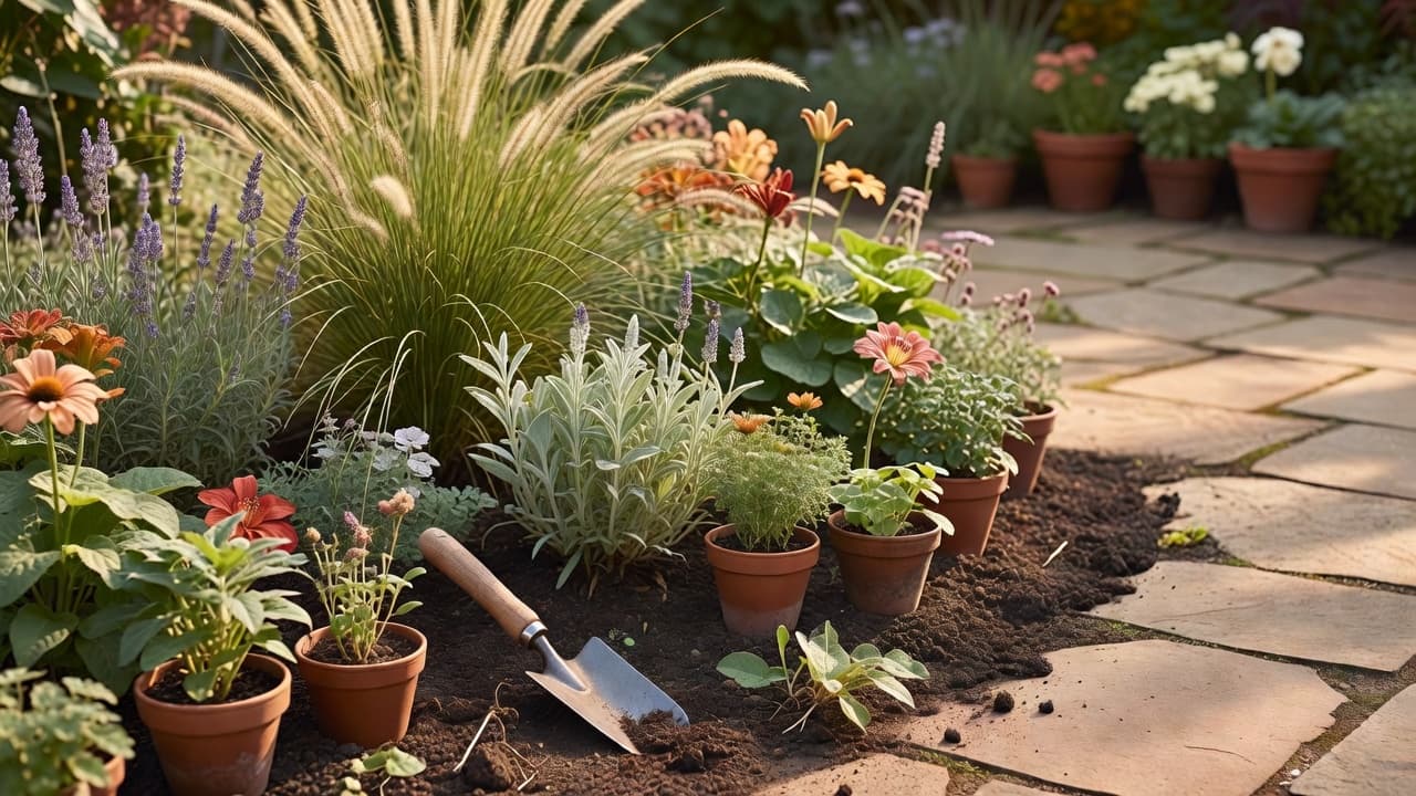 A garden border being planted with perennials next to an already-completed patio, showing a later phase of a multi-year garden redesign