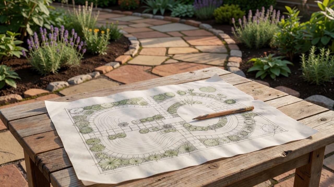 A hand-drawn scale garden plan on an outdoor table beside a partly redesigned border with new paving and fresh planting
