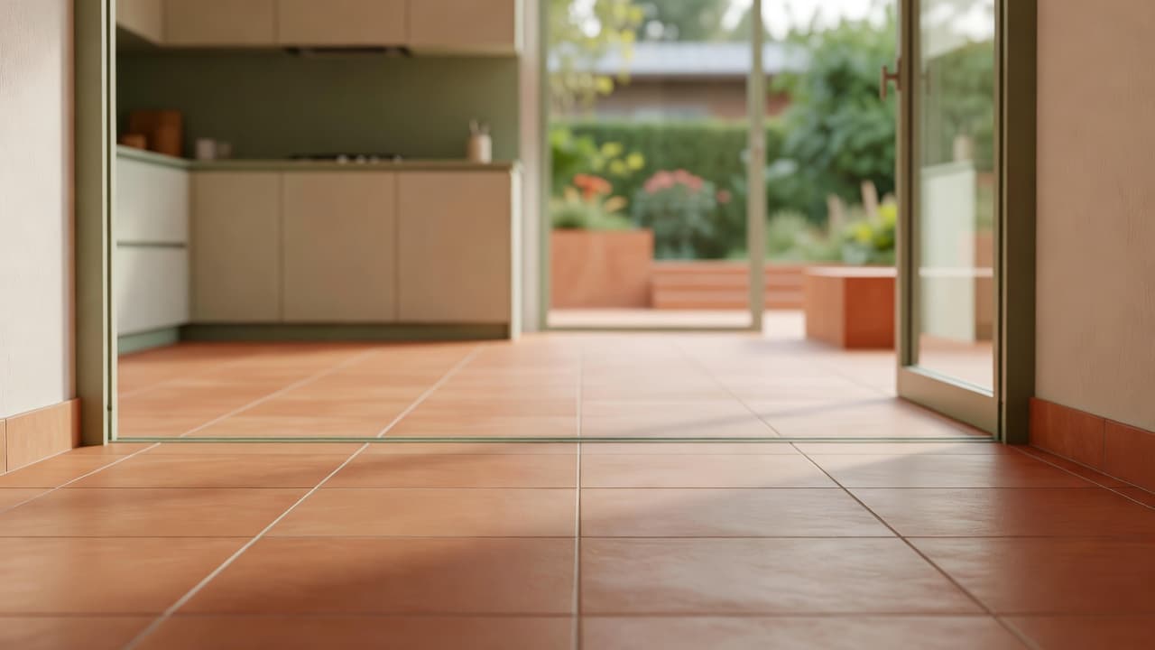 Suelo de gres porcelánico a juego que se extiende sin interrupción desde una cocina, a través de puertas abiertas, hasta una terraza exterior