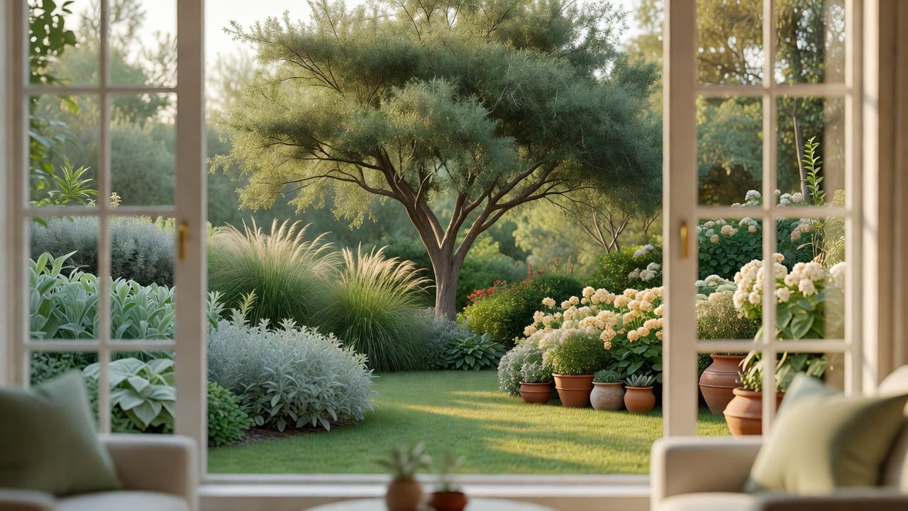 Una vista de jardín enmarcada por una gran ventana, con un único árbol singular centrado como punto focal visto desde el interior