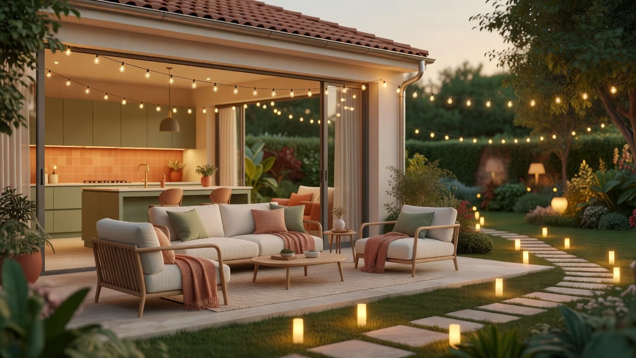 Un espacio interior-exterior iluminado para el anochecer, luz cálida conectando una cocina abierta con una terraza cubierta