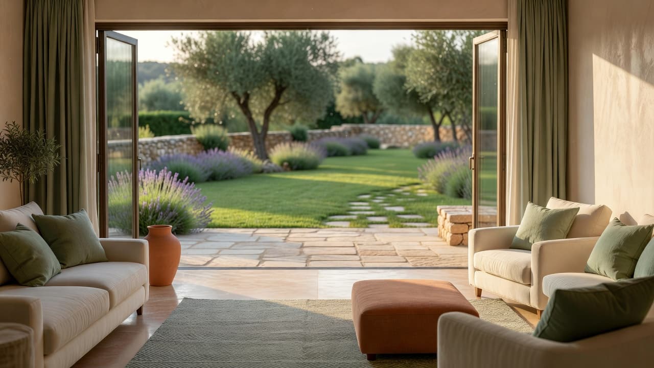 Indoor-outdoor living design: a living room opening through wide glass doors onto a matching stone terrace and garden, warm afternoon light