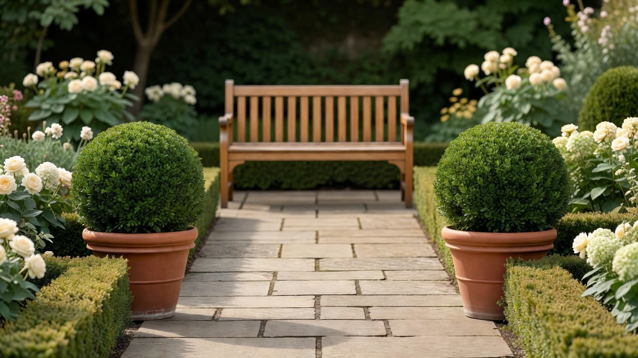 Symmetrical garden balance: matching planters and clipped box balls mirrored either side of a garden path leading to a bench