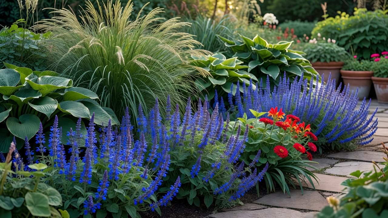A planting border applying interior design principles for the garden colour theory: green foliage backbone, blue salvia secondary colour and a bold red accent flower
