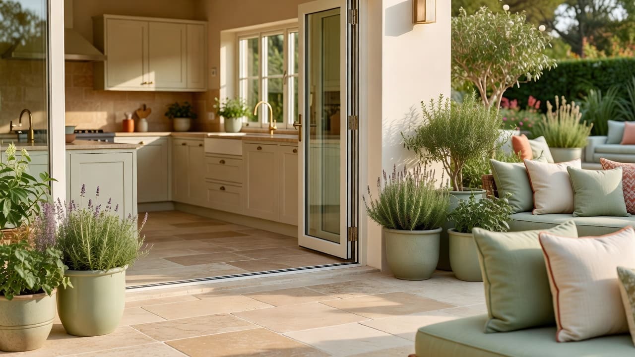 Indoor-outdoor unity in garden design: open bifold doors connecting a kitchen to a patio finished in matching stone tiles and sage-toned planting