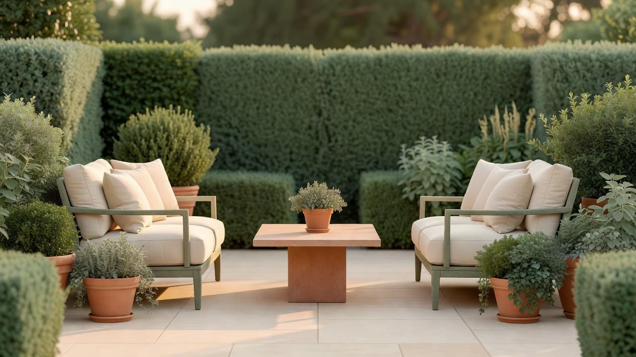 A garden styled using interior design principles for the garden: a symmetrical patio seating area with layered planting on either side, warm evening light