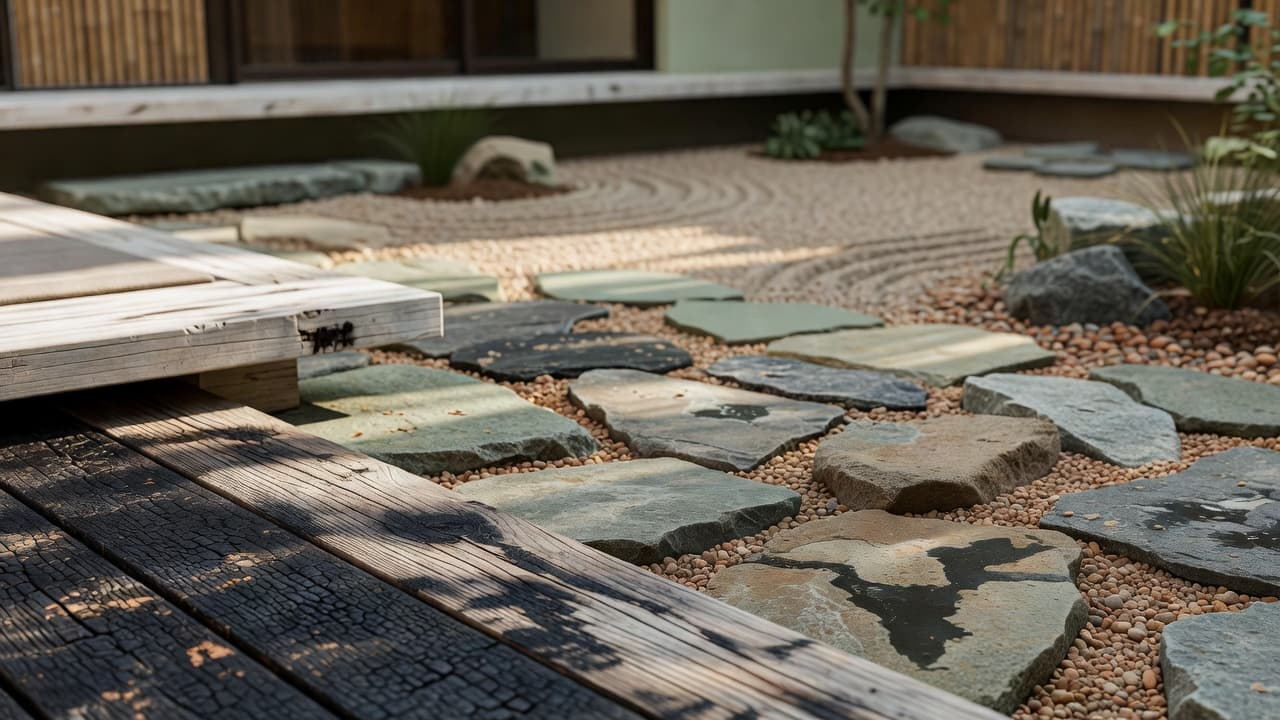 Weathered charred timber decking and hand-set natural stone paving in a Japandi garden design courtyard