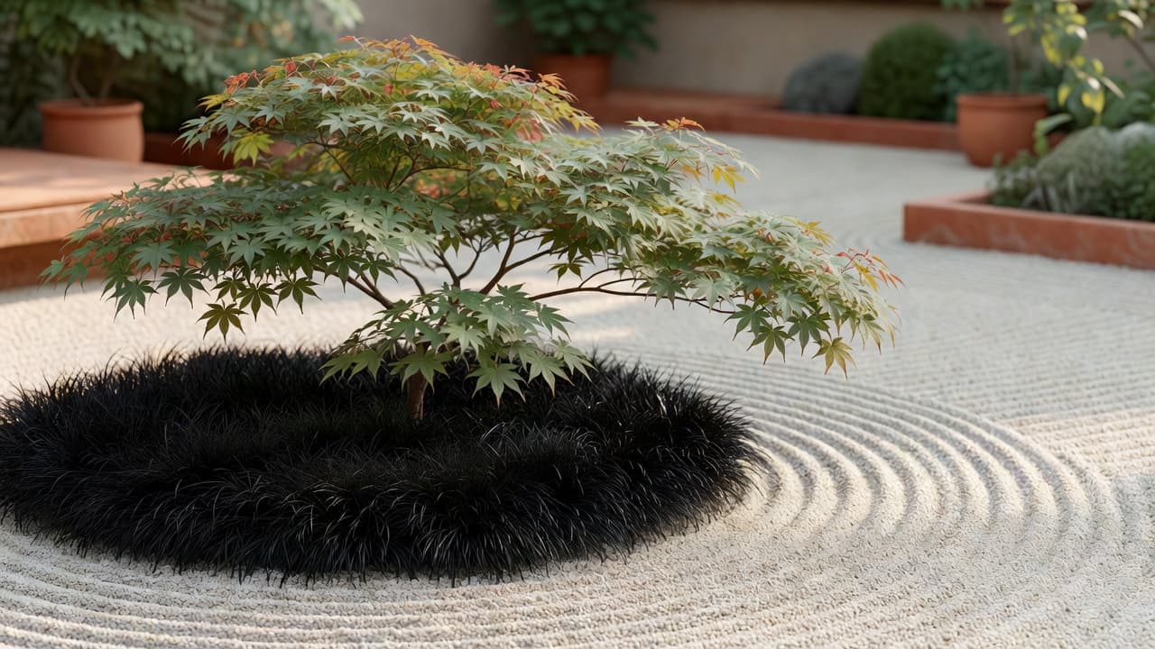 A dwarf Japanese maple Acer palmatum underplanted with black mondo grass beside raked gravel in a Japandi garden
