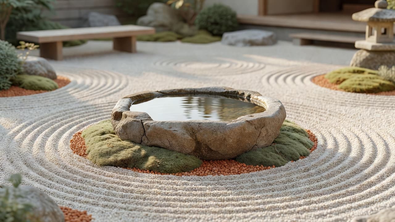 A still stone water basin surrounded by raked gravel and moss in a Japandi garden design focal point