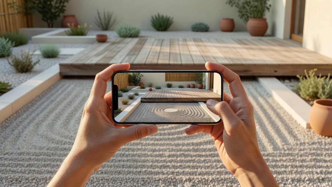 A smartphone showing an AI-generated Japandi garden design preview held up in front of a real backyard
