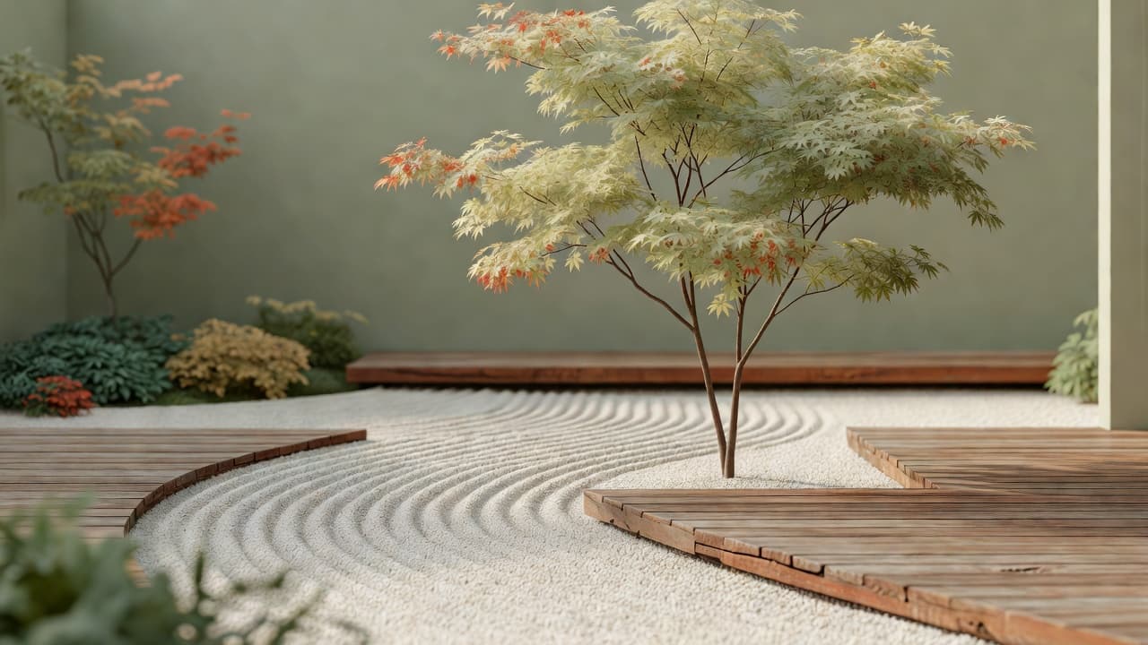 A Japandi garden design combining a raked gravel path, weathered timber decking and a single Japanese maple in a minimalist courtyard