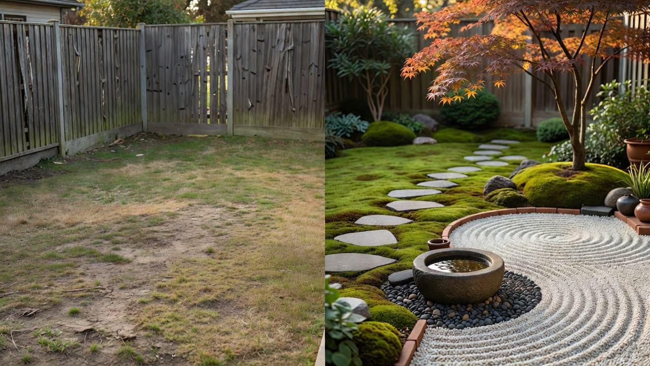 Une pelouse banale et clairsemée et une clôture nue à côté d’une refonte par application jardin japonais du même espace, avec un érable du Japon, de la mousse, des pas japonais, une vasque de pierre et du gravier ratissé