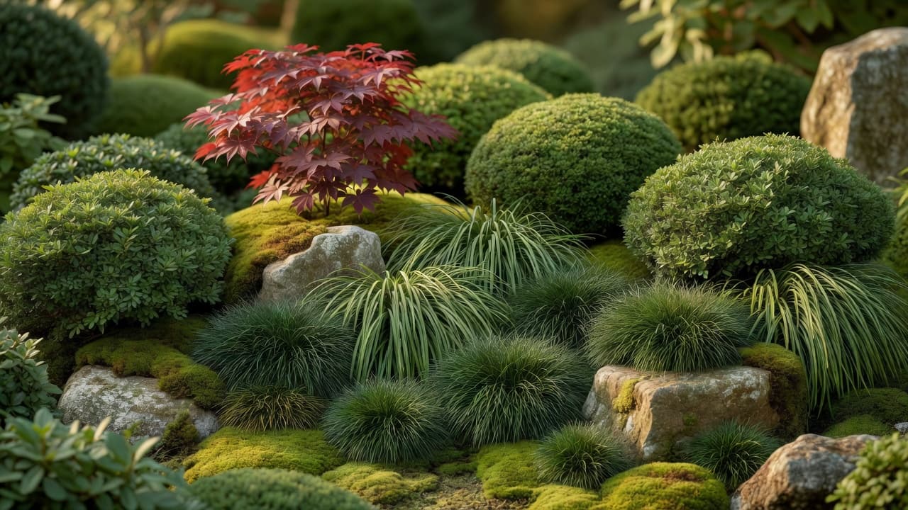 Un schéma de plantation japonais prenant vie : un érable du Japon à feuilles rouges, des coussins de persistants taillés, de la mousse, du gazon mondo et de l’herbe du Japon stratifiés autour de pierres patinées sous une lumière douce