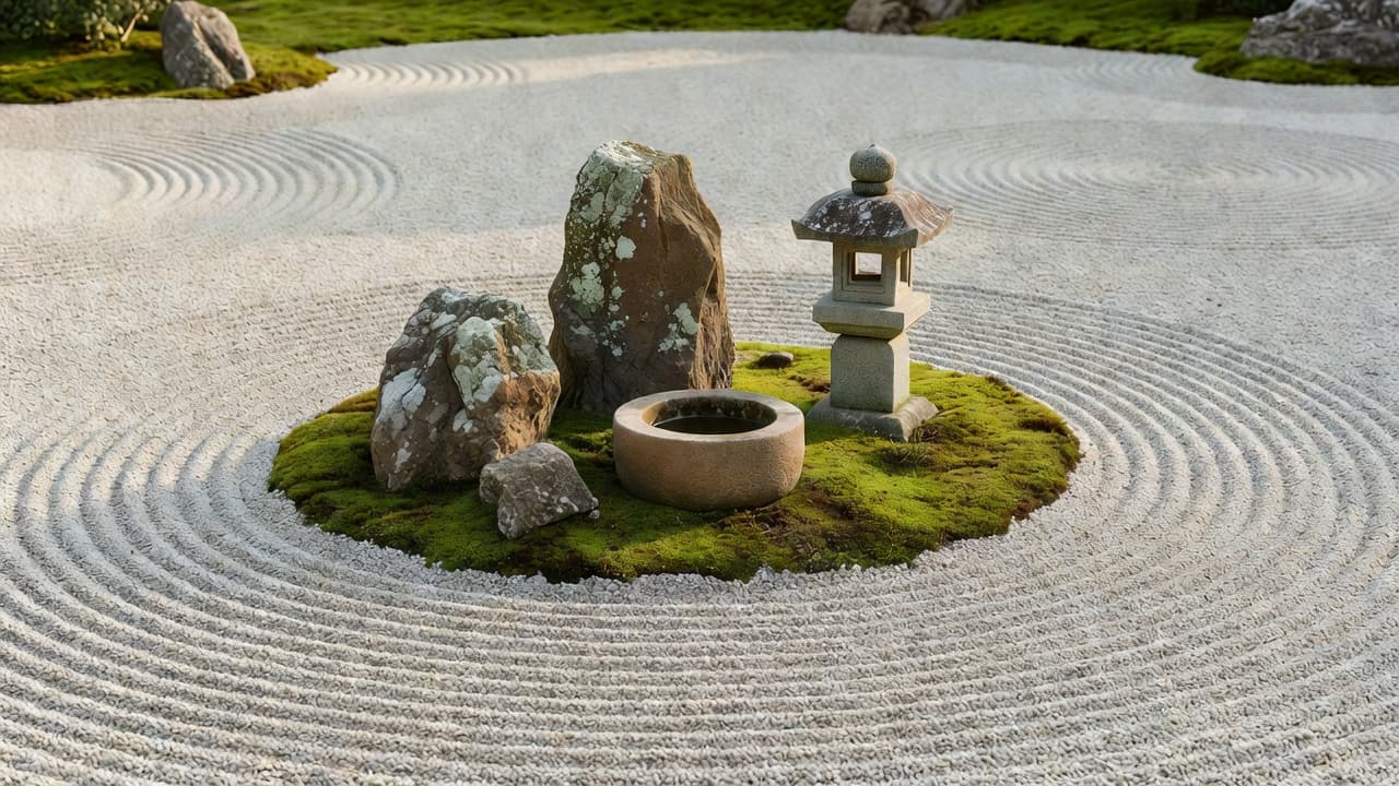 Un détail de jardin zen sec : gravier clair ratissé autour d’un groupe asymétrique de trois pierres patinées, avec une vasque d’eau en pierre, une seule lanterne et de la mousse au bord