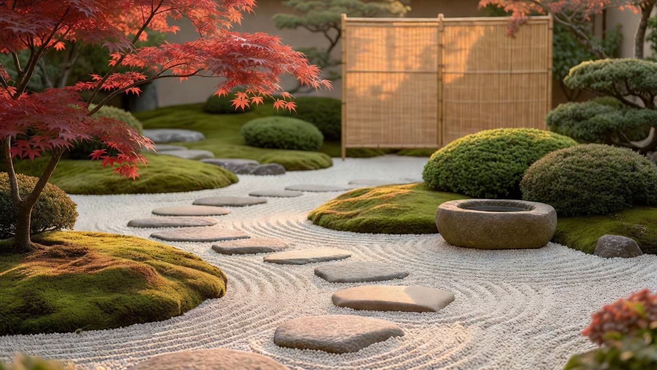 Un jardin japonais calme et fini conçu avec une application jardin japonais : un érable du Japon rouge au-dessus de gravier ratissé, un sentier de pas japonais, une vasque de pierre, de la mousse et des persistants taillés sous une douce lumière du soir