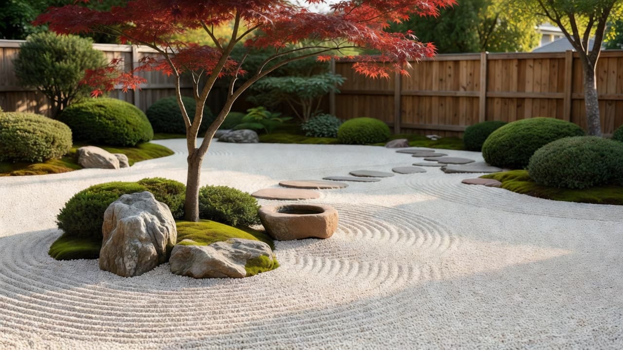 A Japanese garden design app showing a real garden reimagined as a calm Japanese scheme with a maple, moss, stepping stones and raked gravel