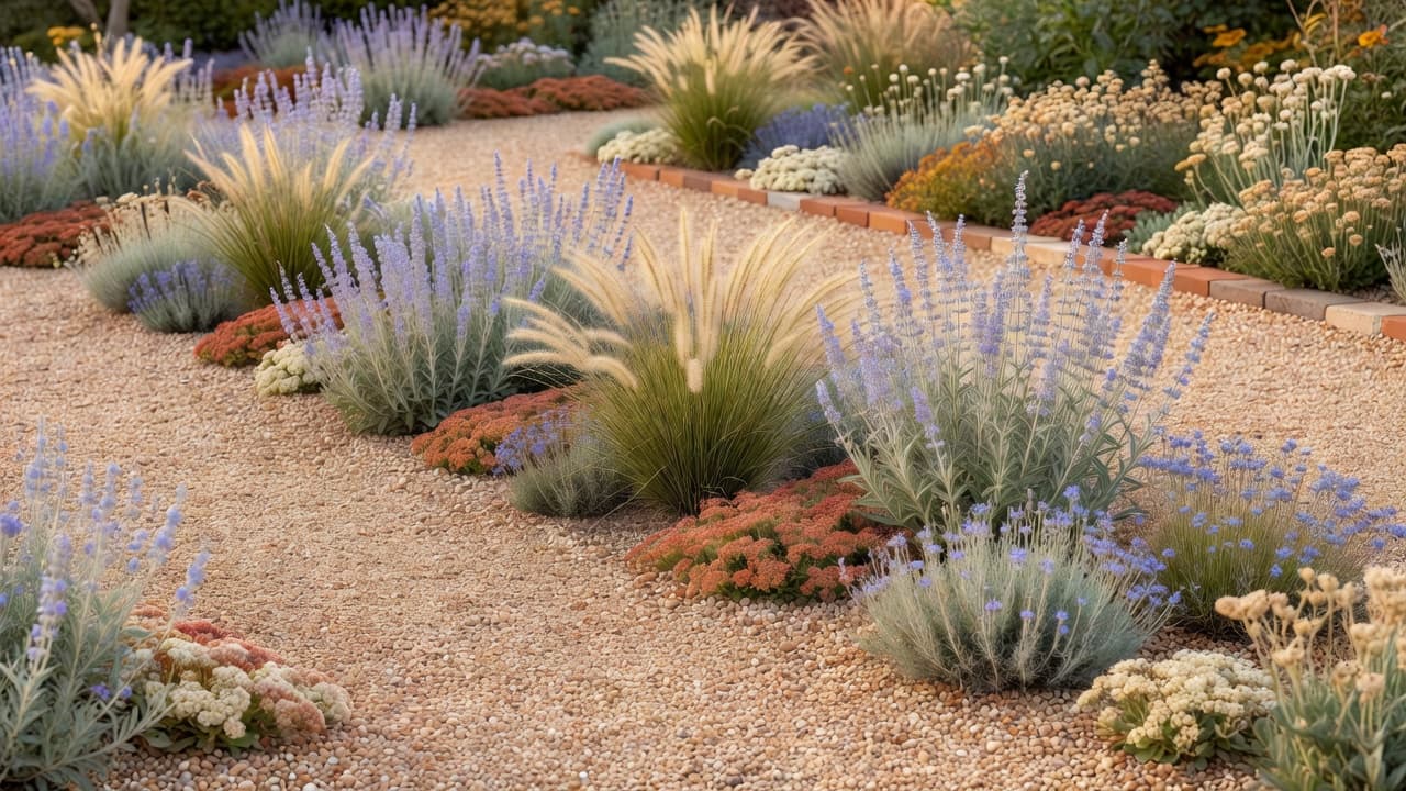 A gravel garden replacing a lawn, planted with drought-tolerant perennials and ornamental grasses in repeated blocks