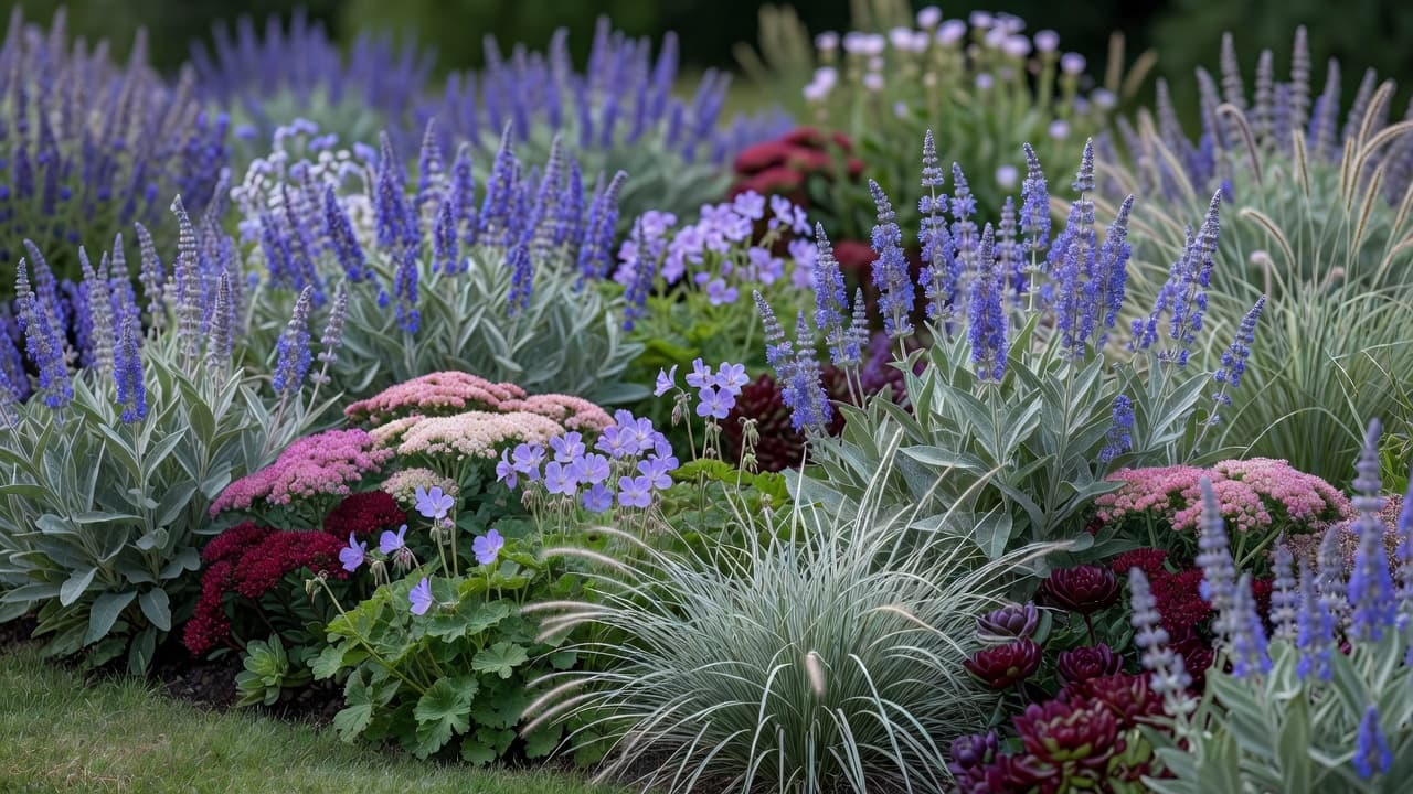 A low maintenance border of Russian sage, sedum, ornamental grasses and hardy geranium planted in repeated drifts
