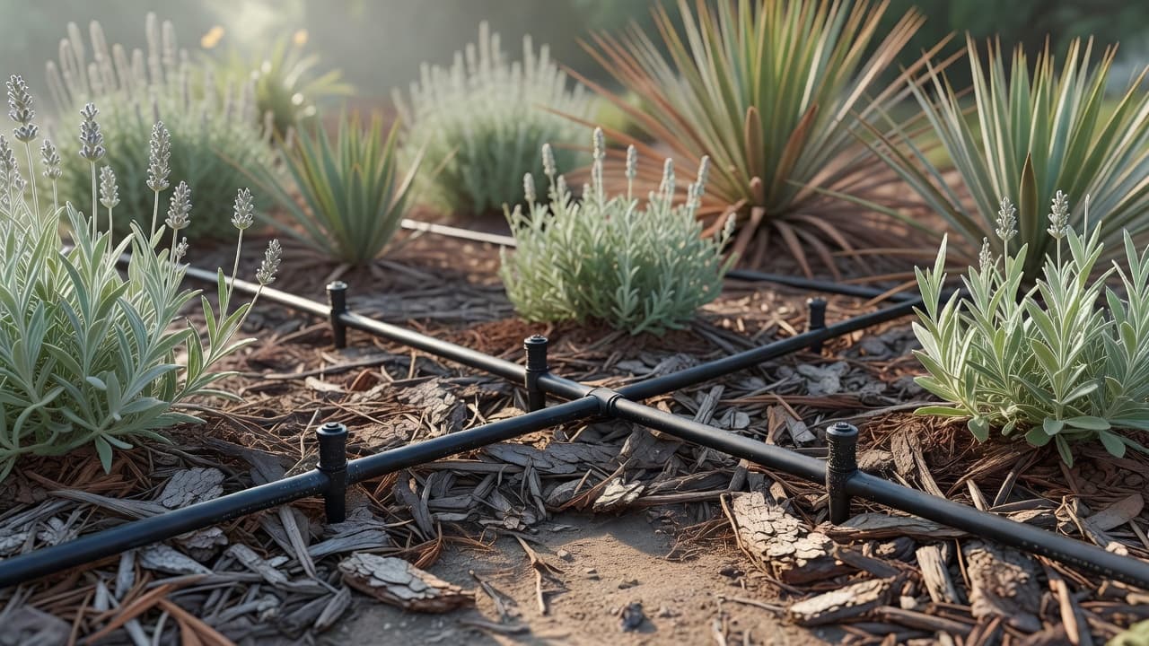 A drip irrigation line laid beneath mulch in a low maintenance garden border, watering plants at the root zone