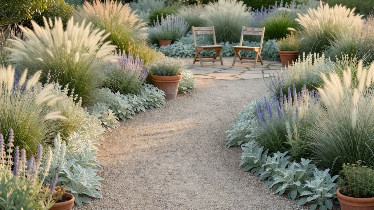 Low maintenance garden design with a gravel path, drought-tolerant planting in blocks and a small lawn-free seating area