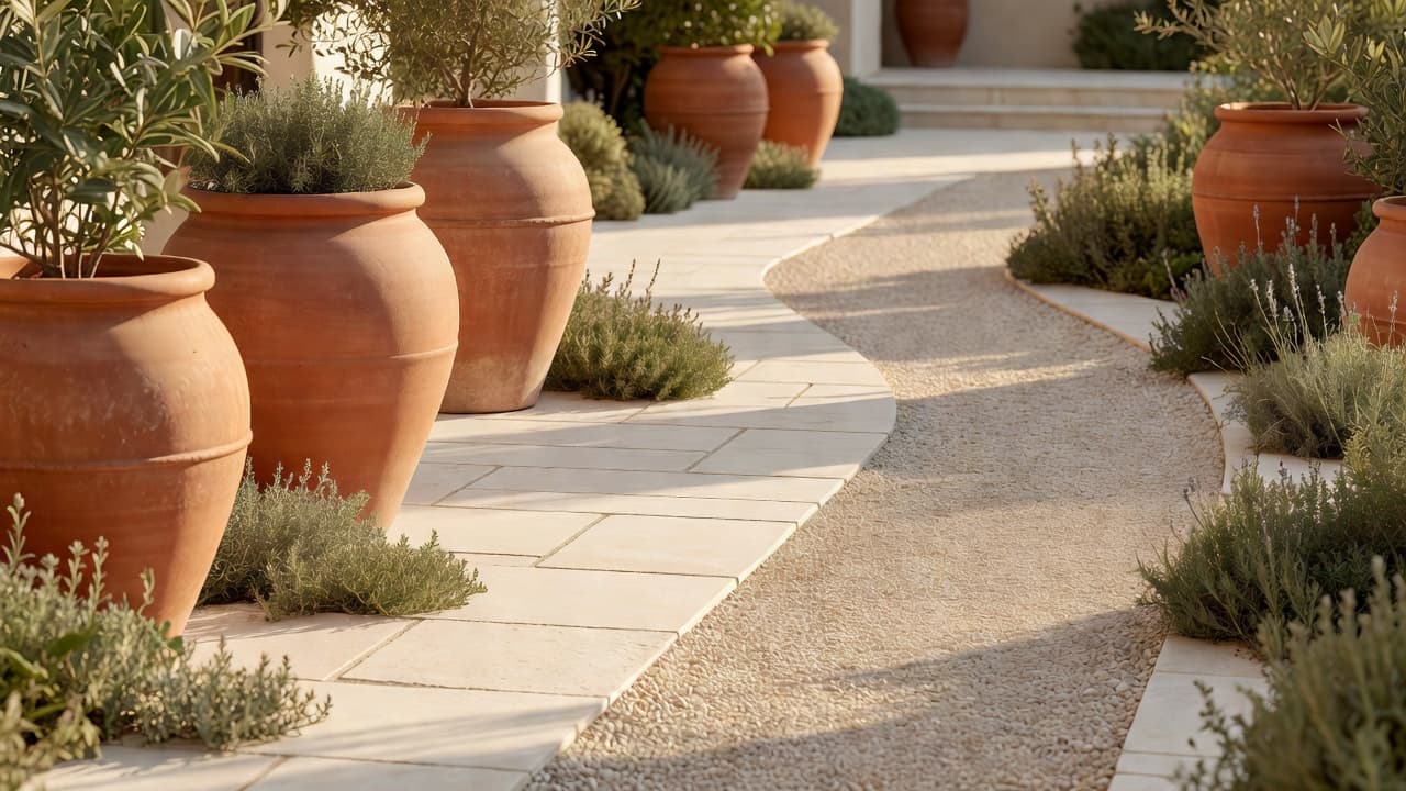 Close-up of terracotta pots, pale limestone paving and gravel path in a Mediterranean garden design courtyard