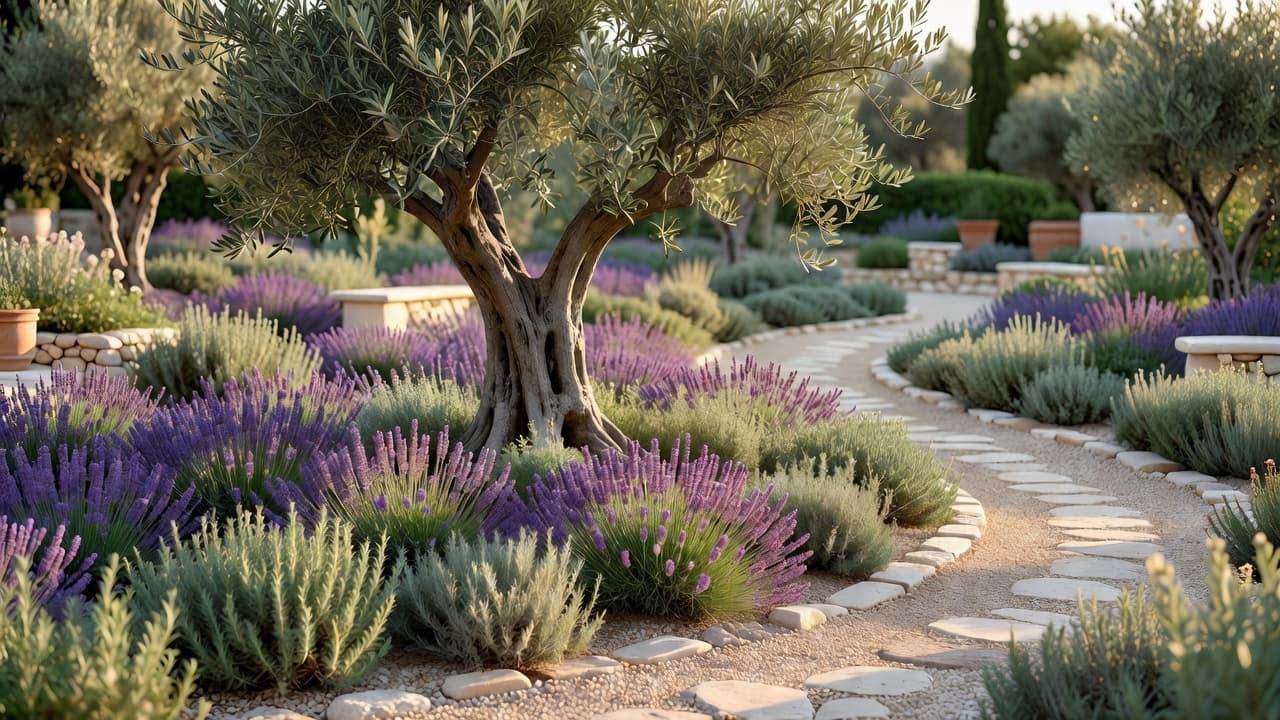 An olive tree underplanted with lavender and rosemary beside a gravel path in a Mediterranean garden